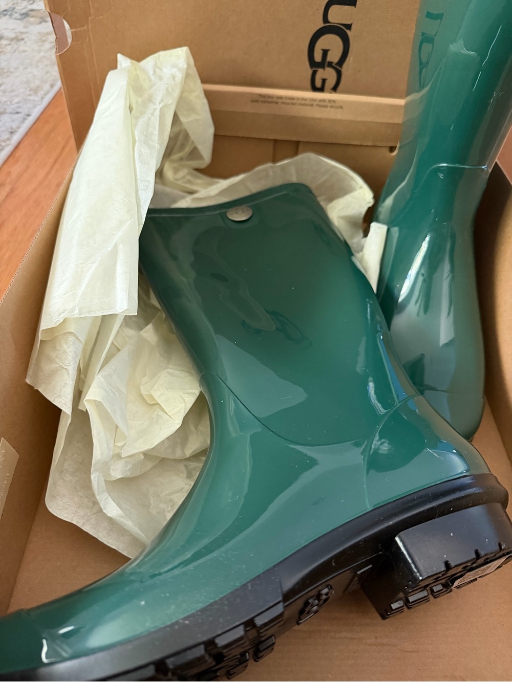 UGG Women's Glossy Hunter Green Rain Boots - Picture 2 of 6